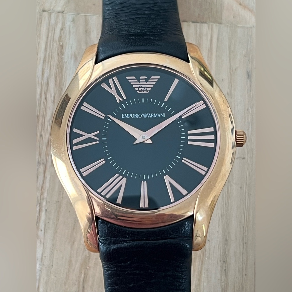 Emporio Armani Luxury Watch Rose Gold Solid Stainless Case Black Leather Strap